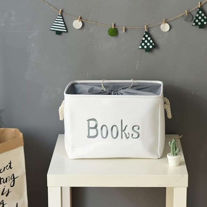 INough Book Basket for Kids Room, Book Storage Basket Book Organizer for Nursery Room Classroom Library Book Storage Box Collapsible Book Bins with Drawstring Closure for Cartoon Book Reading