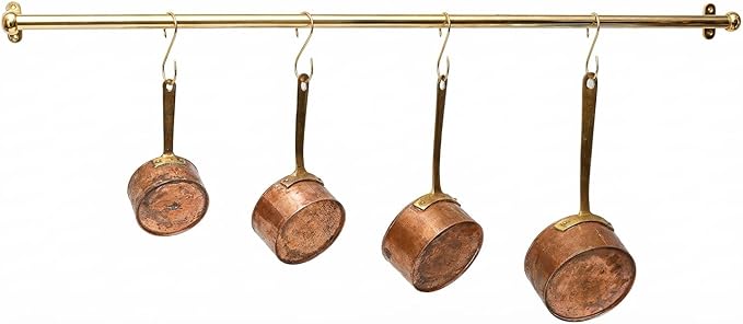 Solid Unlacquered Brass Pot Rail with S Hooks – Wall Mount Kitchen Pot Rack Rod – Vintage Heavy Duty Cookware Organizer for Pots, Pans & Hanging Utensils (32 inch (8 S-Hooks))