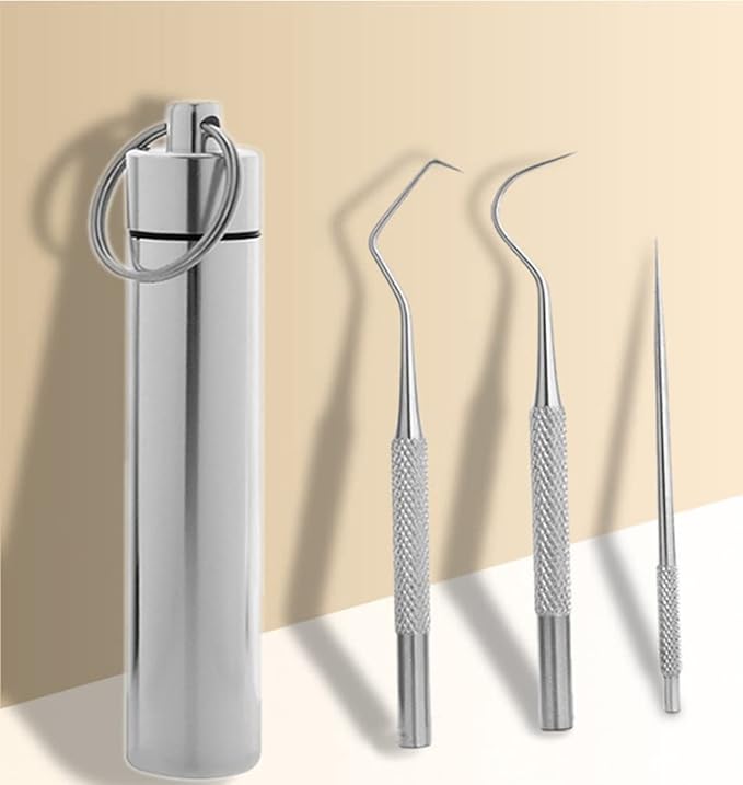 AKOAK 3 Pcs/Set 304 Stainless Steel Teeth Cleaning Tool Multi-Functional Portable Toothpick Storage Tube with Toothpick Holder, Ideal for Home Personal Oral Care（Silver）