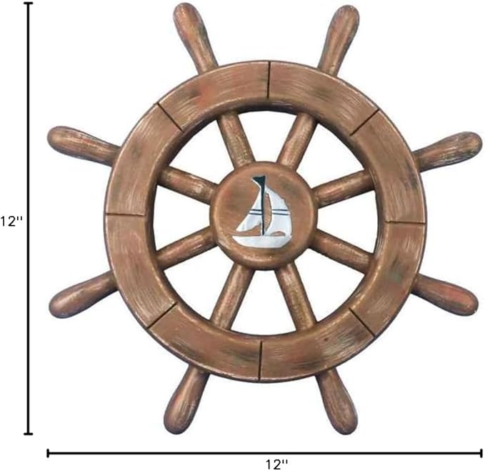Hampton Nautical Rustic Wood Finish Decorative Ship Wheel with Sailboat 12"