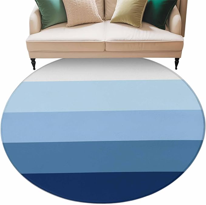 Washable Round Area Rug Minimalist Blue White Ombre Stripe Circle Rugs Floor Carpet for Living Room Bedroom, Modern Gradient Art Soft Non Slip Round Rug 5ft