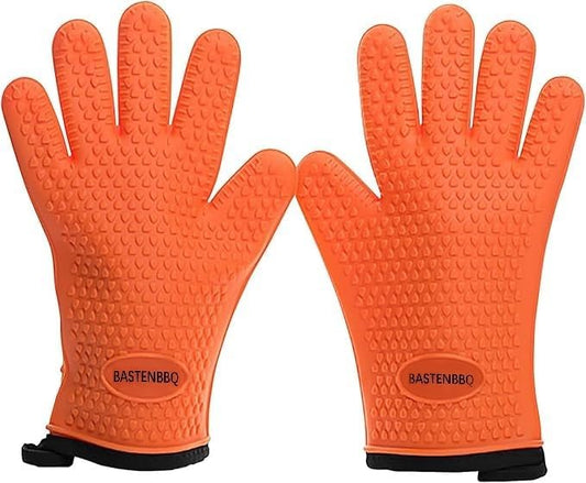 XL Silicone BBQ Gloves, Extreme Heat Resistant, Oven Gloves Perfect for Your Grill Fryer Smoker & Pit, Waterproof Baking Mitts for Cooking or Grilling, Bonus 2 Hangers