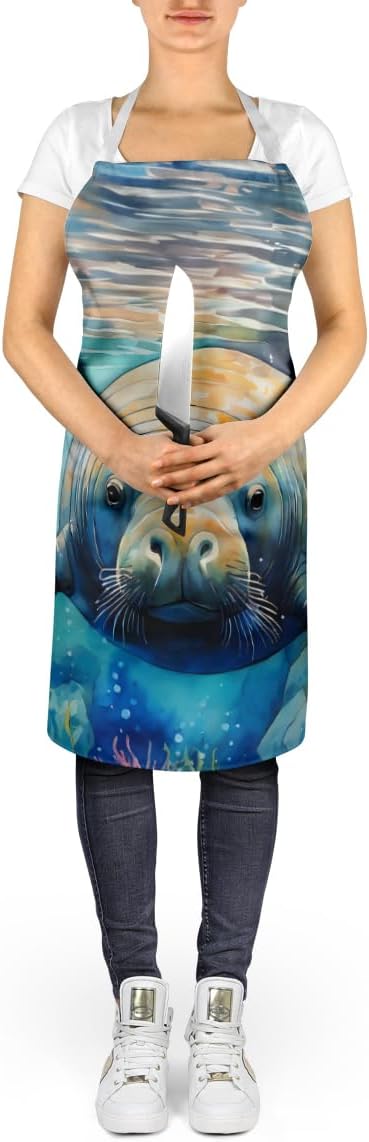Caroline's Treasures Manatee Apron Cooking Kitchen Server Baking Crafts Gardening for Adult Women Men, Unisex, Large, Multicolor
