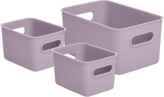 Decorative Plastic Basket Open Home Storage Bins Organizer, Lilac (Set of 3) 1 Medium, 2 Small - Container Boxes for Organizing Closet Storage Bins for Shelves Drawer Shelf - Ribbed Collection