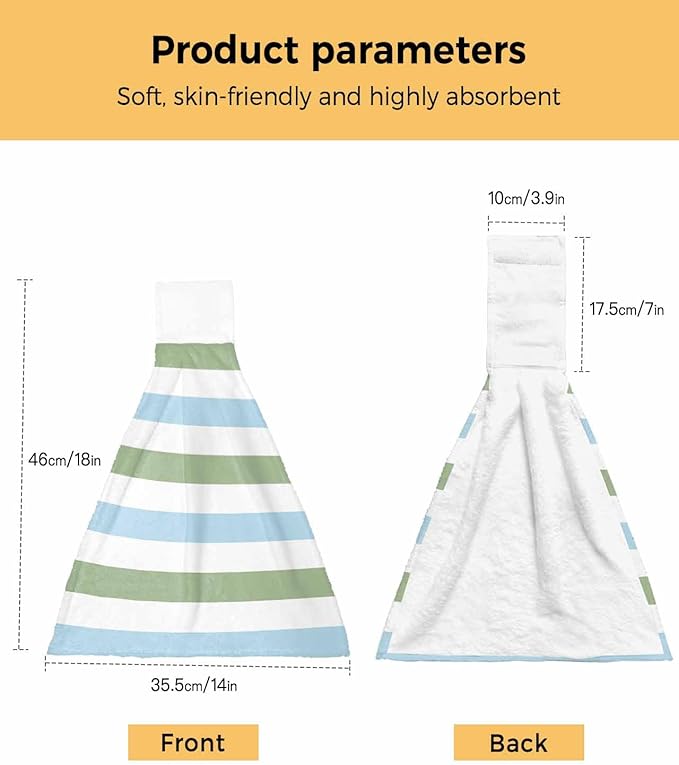 Alandar Home Kitchen Tie Towel Set of 1, Geometric Sage Green and Blue Stripes Absorbent Soft Hand Towels for Bathroom Hanging Towels, Minimalist Lines on White Fast Drying Cleaning Cloth with Loop