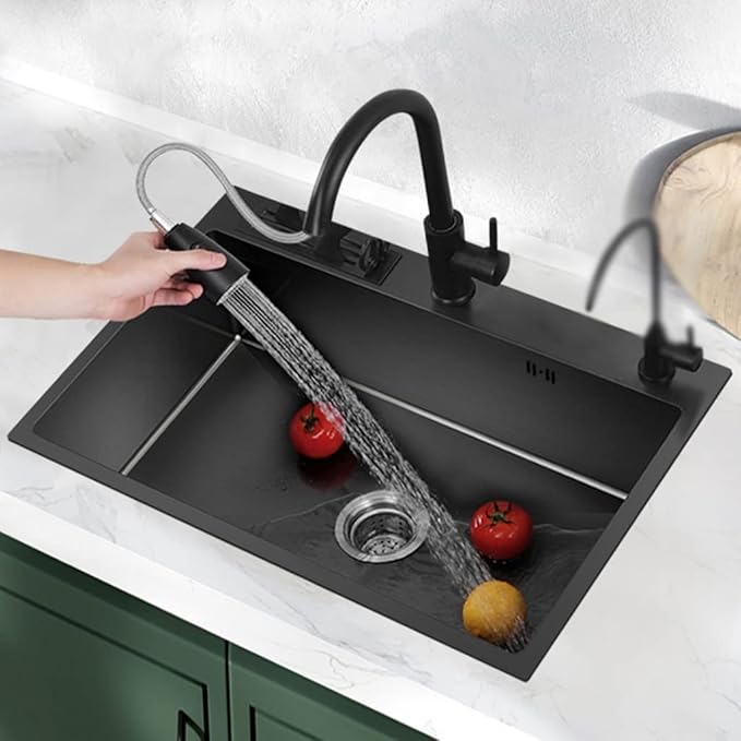 Single Bowl Black Stainless Steel Sink Multi-Size Single Bowl Sink Home Restaurant Washbasin Kitchen Dishwashing Sink Countertop Built-in Sink (Black 65X45cm)