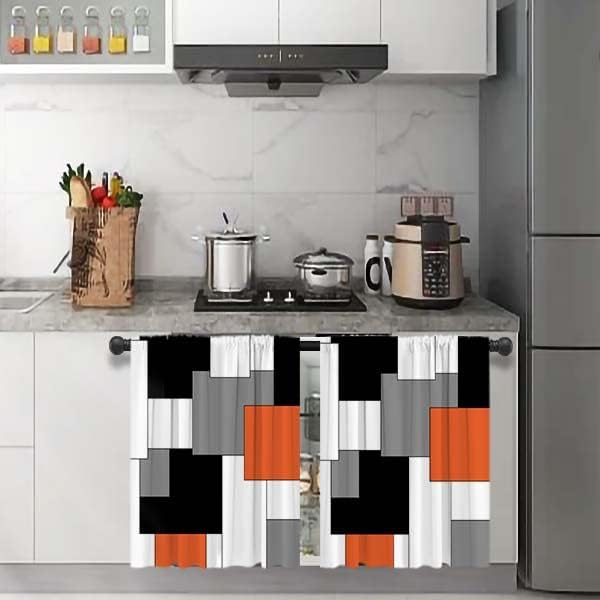 MCALK Orange Blackout Kitchen Curtains Tiers Set 2 Piece for Windows Grey and Black Kitchen Window Curtains Set,White Modern Abstract Art Valances for Living Room(24" Tiers Set)