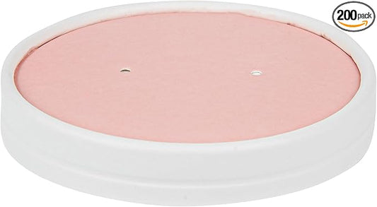 Restaurantware-LIDS ONLY: Soup Container Lids, 200 Disposable Bowl Covers For 12 Ounce Soup Containers - Containers Sold Separately, Vented, Pink And White Container Lid, Striped, Round,