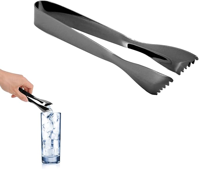 Ice Tongs Food Grade Thicken Stainless Steel Prevents Slipping Sugar Food Tweezers for Home Kitchen Bar Mirror Ice Bucket Party Coffee Bar (Black Plated)