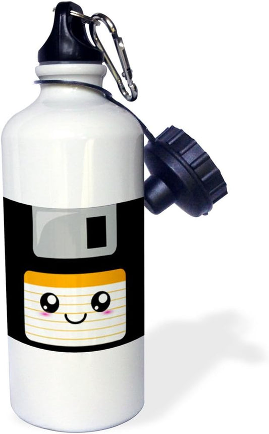 3dRose "Kawaii Cute Happy Floppy Disk Retro computers Japanese Anime Smiling cartoon with orange label" Sports Water Bottle, 21 oz, White