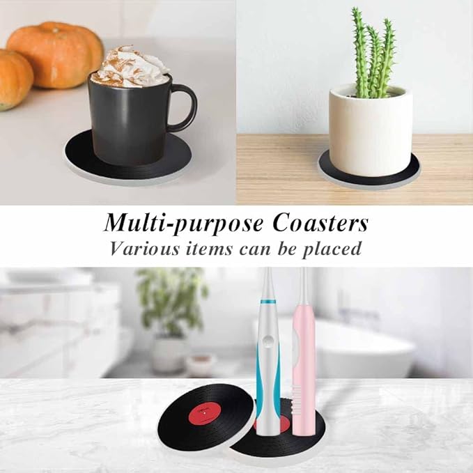 oFloral Vinyl Record Coasters for Drinks Music Disk Modern Classic Cups Place Mats for Home Decor Set of 2, 4 Inch