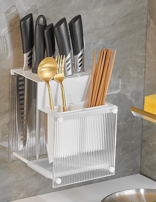 Kitchen Shelf, Chopsticks, Knife Storage Rack, Wall-Mounted Cutting Board Shelf, B Type - Elegant White [Knife Holder + Chopstick cage]