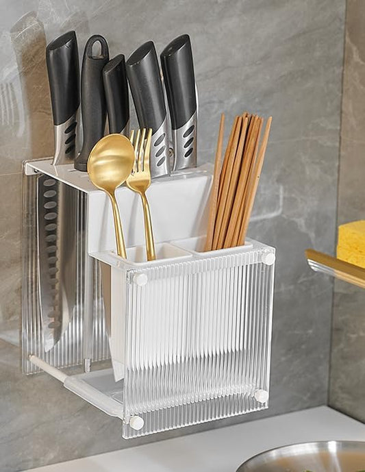 Kitchen Shelf, Chopsticks, Knife Storage Rack, Wall-Mounted Cutting Board Shelf, B Type - Elegant White [Knife Holder + Chopstick cage]