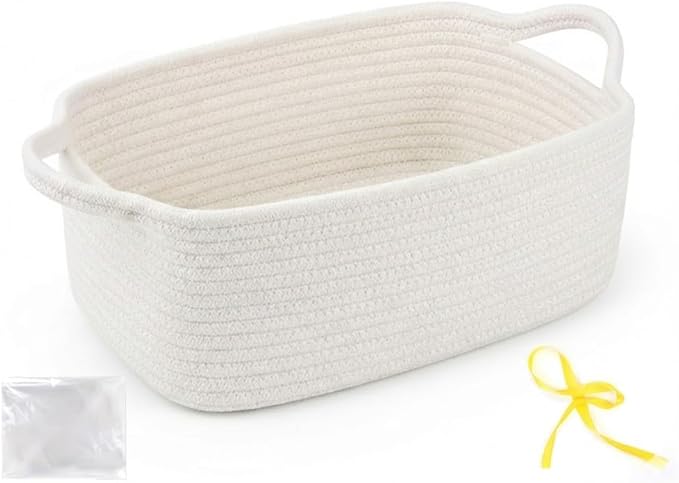 Gift Basket Empty with Handles, 12x8x5 inch - Small Cute Woven Rope Basket for Baby Nursery, Kids Toys - With Gift Bag & Ribbon, Perfect for Wedding, Birthday Gifting (Cream White, 1PC)