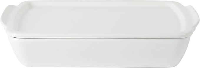 Gibson Home Gracious Dining 2.6-Qt White Stoneware Covered Baking Dish w/Multi-Purpose Lid – 12.7" x 9" Rectangular Oven Safe Casserole, Lasagna & Roasting Baker, Lid Doubles as Serveware or Trivet