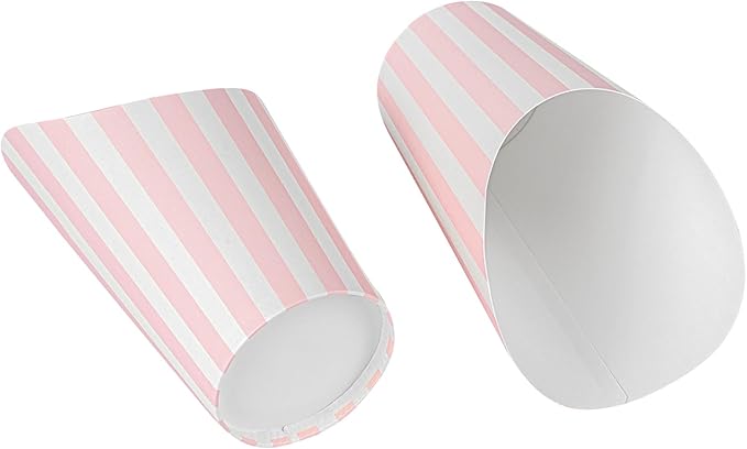 Bio Tek 16 Ounce French Fry Containers, 100 Disposable Charcuterie Cups - Incline Design, Round, Striped Paper French Fry Cups, Stackable, For Waffles, Chips, or Popcorn - Restaurantware