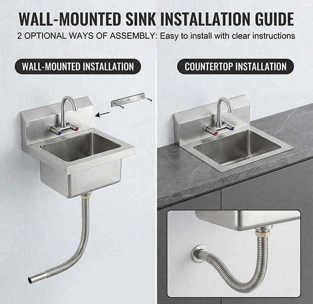 GarveeTech Commercial Stainless Steel Hand Wash Sink, Small Wall Mount or Drop-in Handwashing Basin with Swivel Faucet, 3-Side Backsplash, Drain Kit for Restaurant Kitchen Bar Garage