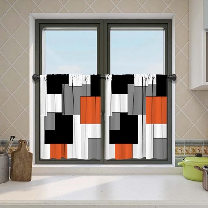 MCALK Orange Blackout Kitchen Curtains Tiers Set 2 Piece for Windows Grey and Black Kitchen Window Curtains Set,White Modern Abstract Art Valances for Living Room(24" Tiers Set)