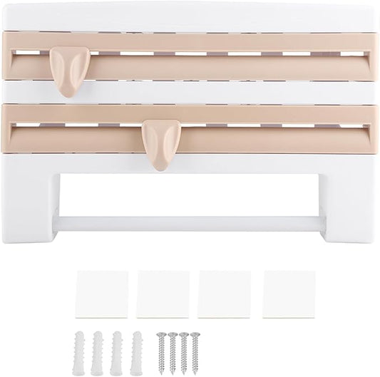 Wall - Mounted Kitchen Cling Film and Foil Storage Rack with Built - In Cutter, Paper Towel Holder, Aluminum Foil Dispenser for Home Cooking Organization (Khaki)