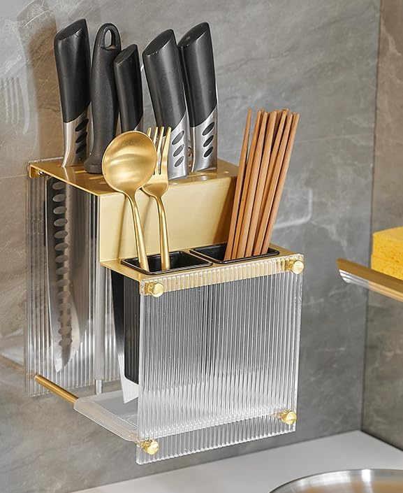 Kitchen Shelf, Chopsticks, Knife Storage Rack, Wall-Mounted Cutting Board Shelf, Model B-Brushed Gold [Knife Holder + Chopstick cage]