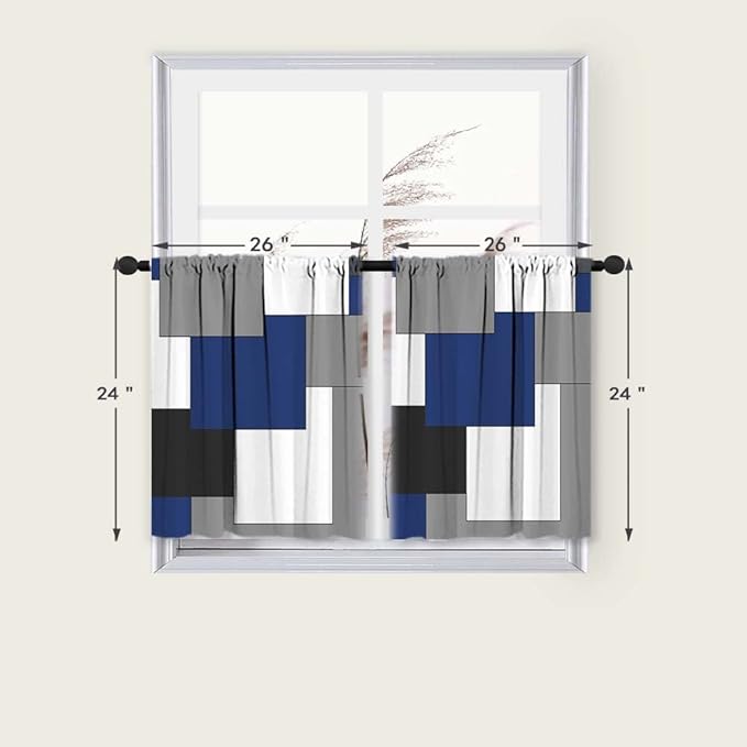 MCALK Navy Blue Blackout Kitchen Curtains Tiers Set 2 Piece for Windows Grey and Black Kitchen Window Curtains Set,White Modern Abstract Art Valances for Living Room(24" Tiers Set)