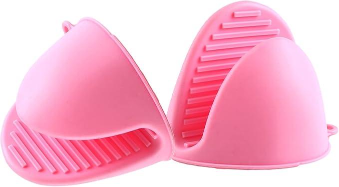 2 Pairs Mini Oven Gloves Silicone Heat Resistant Cooking Pinch Mitts Potholder for Kitchen Cooking & Baking (Yellow and Pink)