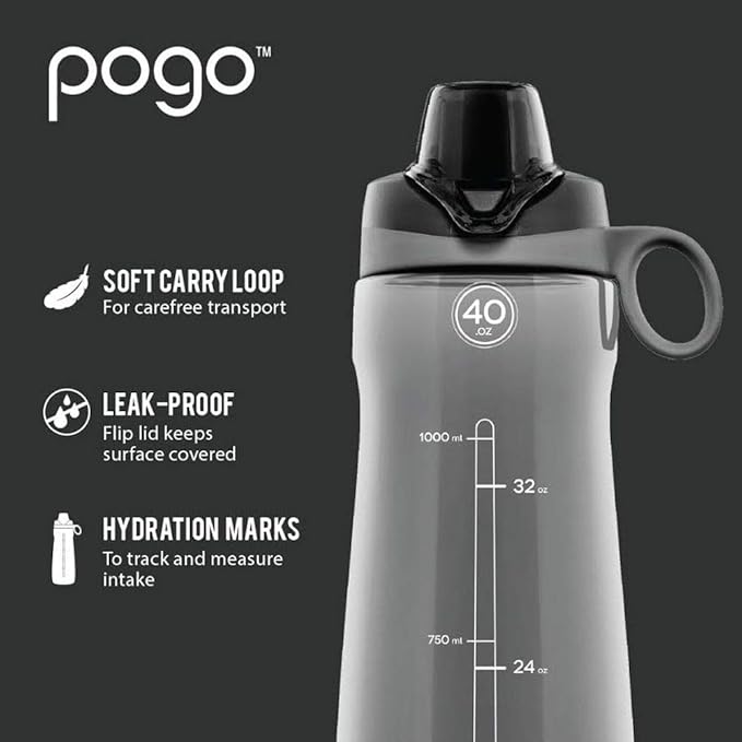 Pogo Plastic Water Bottle with Chug Lid and Carry Handle, Reusable, BPA Free, Dishwasher Safe, Perfect for Travel, School, Outdoors, and Gym | 18oz, 32oz, 40oz, 64oz