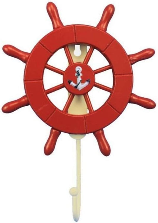 Red Decorative Ship Wheel with Anchor with Hook 6 Inch - Wooden Ship Wheel - Ships Steering Wheel Decoration