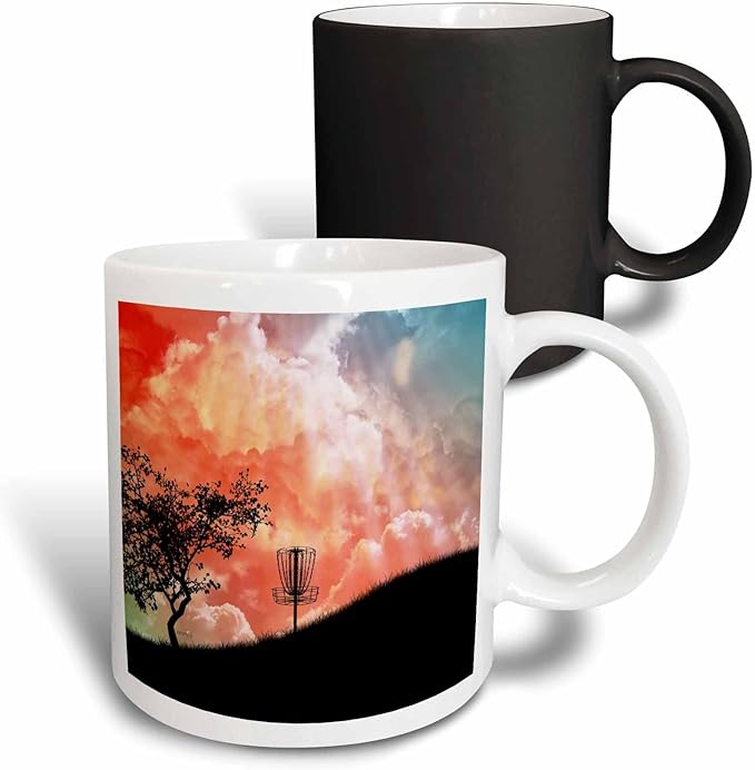 3dRose Basket On A Hill - silhouette of a frisbee disc golf basket with chains 11oz Magic Transforming Mug