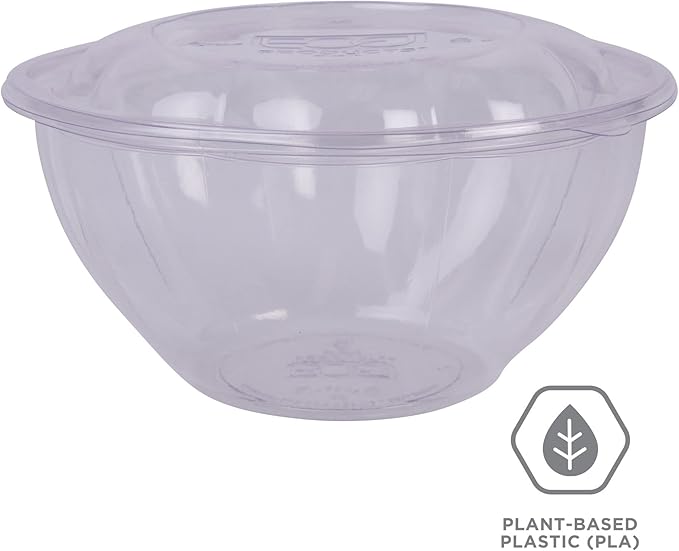 ECO PRODUCTS Compostable Clear PLA Plastic 32oz Salad Bowl With Lid, Case of 150, Grab 'n' Go Round Cold Takeout Food Containers, Renewable Plant-Based, Disposable, ASTM Compliant, BPI-Certified
