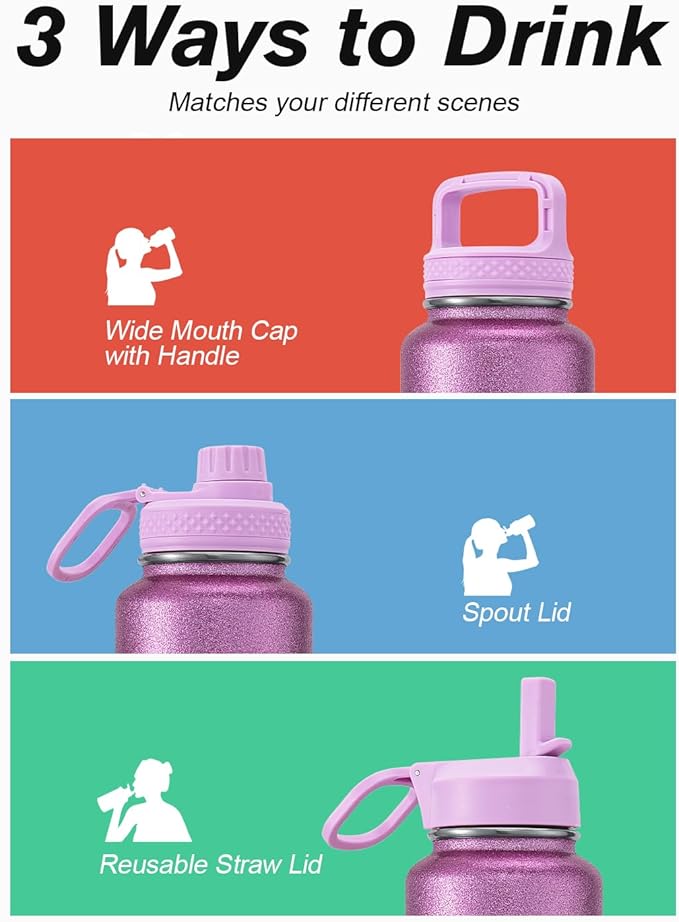 Coolflask Water Bottle 32 oz Insulated with Straw, Stainless Steel Metal 3 Lids Water Flask Wide Mouth for Sports or Office, Non-BPA Keep Cold Up to 48 Hrs or Hot Up to 24 Hrs, Glitter Pink