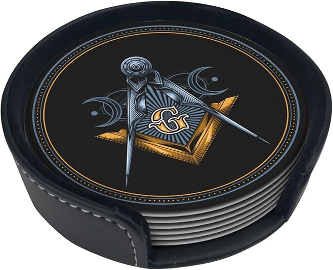 Masonic Freemason Gold Leather Drinks Coasters with Holder, Set of 6, Suitable for Various Cups