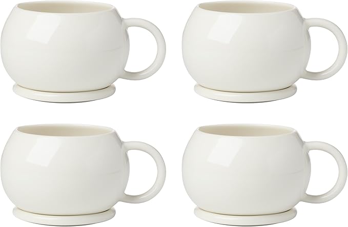 Oneida Coffee Mug Set, Quirk Mugs with Coasters, Set of 4, Service For 4, Porcelain Material, Microwave And Dishwasher Safe, Ceramic Mugs, Coasters And Coffee Cups (White, 8 Pieces, 18 Ounce Capacity)