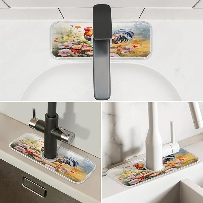 Flowers Animal Rooster Kitchen Sink Splash Guard Absorbent Fast Drying Mat Sink Gadgets Washable Sink Matt for Kitchen Faucet Splash Guard