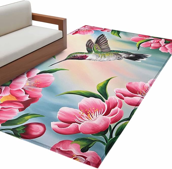 Area Rug 3x5ft, Hummingbird Flower Peach Blossom Washable Rugs for Living Room Bedroom, Nature Oil Painting Art Soft Non-Slip Area Rugs Rectangle Floor Carpet for Dining Room