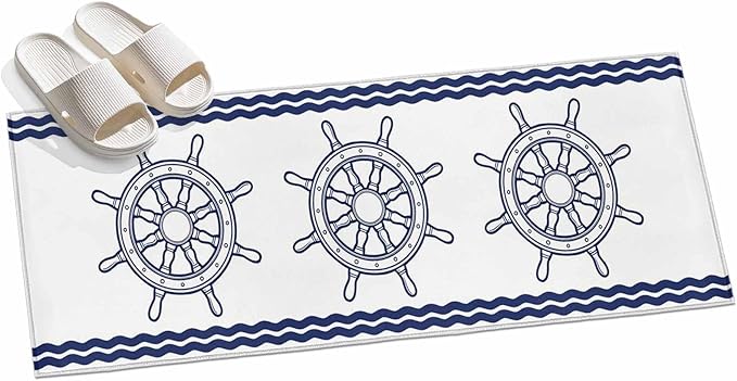 Runner Rug for Bedroom Hallway, Summer Marine Nautical Ship Rudder Kitchen Runner Rugs Area Rug 2x6ft, Ocean Theme Navy Blue White Washable Soft Floor Carpet for Entryway Stair