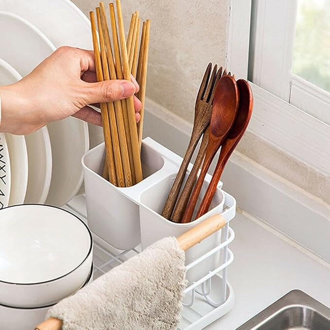 Kitchen Dish Drainer Cutlery Holder Plates Bowls Utensils Rack Drip Tray Sink
