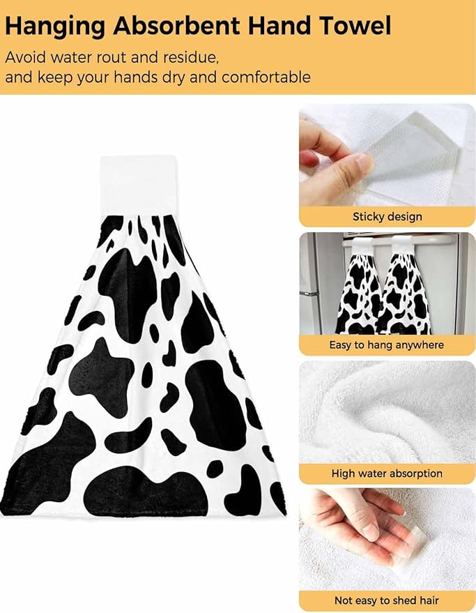 Kitchen Tie Towel Set of 2, Abstract Dairy Cattle Cow Skin Texture Absorbent Soft Hand Towels for Bathroom Hanging Towels, Black and White Animal Print Fast Drying Cleaning Cloth with Loop
