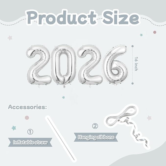 Silver 2026 Balloons, 16 Inch Foil 2026 Number Balloons, Grad Balloons for Class of 2026 Graduation Party, Silver Matellic Foil New Year Birthday Home Office Party Supplies
