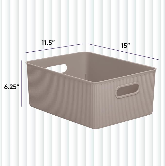 Superio Ribbed Collection - Decorative Plastic Basket Open Home Storage Bins Organizer, Large Taupe (2 Pack) Container Boxes for Organizing Closet Storage Bins for Shelves 15 Liter/16 Quart