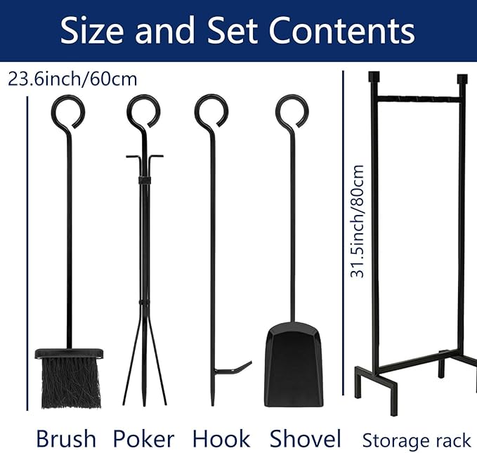 Heavy Duty Fireplace Tools Set Indoor with 31.5inch Holder - 23.6inch Extra Long Brush, Poker, Shovel & Hook - Premium Metal Fireplace Accessories Kit in Black or Bronze (Bronze)
