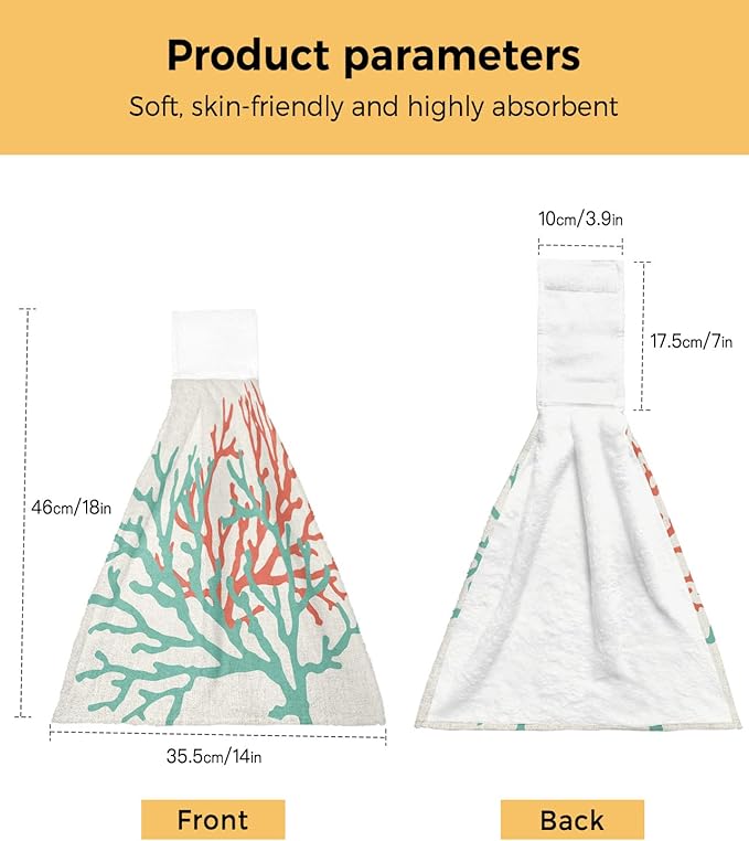 Alandar Home Kitchen Tie Towel Set of 2, Ocean Teal Orange Coral on Linen Absorbent Soft Hand Towels for Bathroom Hanging Towels, Nautical Abstract Marine Life Fast Drying Cleaning Cloth with Loop