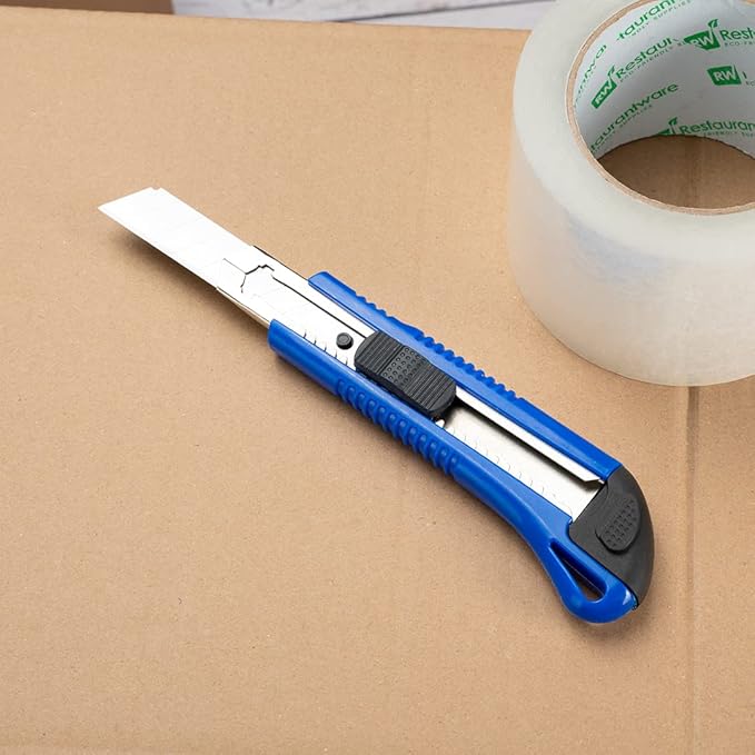 Handy Tek 6.5 Inch Utility Knives, 4 Anti-Slip Box Knives - Heavy Duty, Retractable, Blue Plastic Box Cutters, Built-In Lock, Sharp Blade - Restaurantware