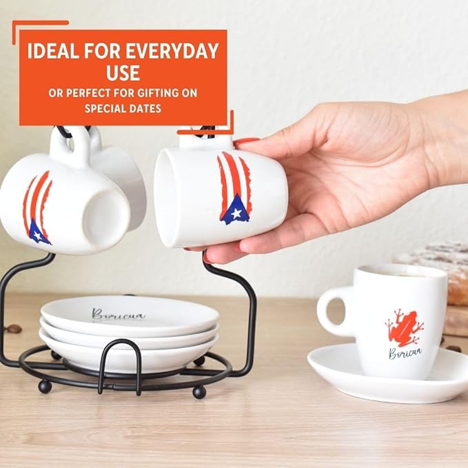 IMUSA 8pc 3oz Boricua Espresso Cups & Saucers Set w/Rack