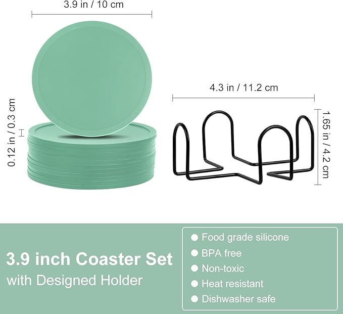 Silicone Coasters Set of 12 with Holder,Heat Resistant Cup Mat Tabletop Protection,Coasters Set for Outdoor & Indoor Drinks - Anti Stain & Heat Resistant,Washable, Heat Resistant, Non-Slip(Green)