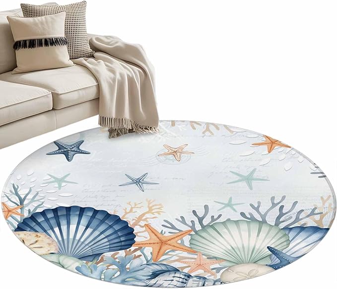 Washable Round Area Rug Underwater Shells Starfish on Blue Circle Rugs Floor Carpet for Living Room Bedroom, Colorful Coral Soft Non Slip Round Rug 3ft