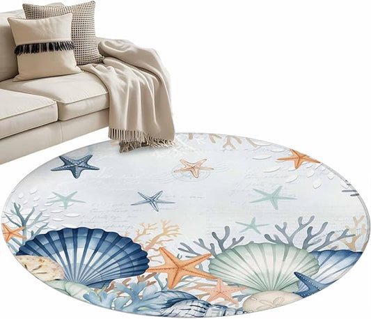 Washable Round Area Rug Underwater Shells Starfish on Blue Circle Rugs Floor Carpet for Living Room Bedroom, Colorful Coral Soft Non Slip Round Rug 4ft
