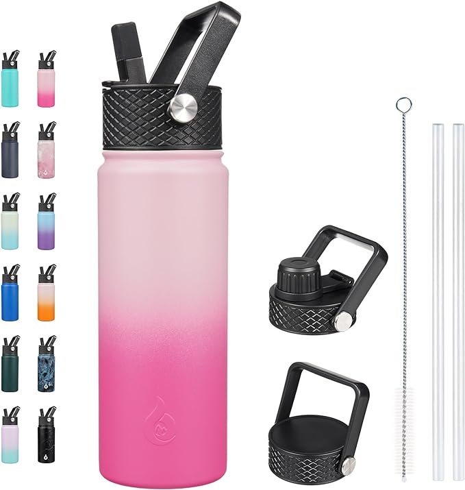 BJPKPK Insulated Water Bottles with Straw Lid, 22oz Cold & Hot Thermo, Stainless Steel Metal Water Bottle with 3 Lids, Reusable Thermo, Cups, Mugs for Daily Use-Cherry