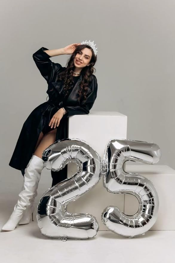 40 Inch Number 25 Balloons, Happy 25th Birthday Decorations for Women, Silver Foil Large Ballon for 2 5 25 52 Birthday Party Wedding Anniversary Supplies