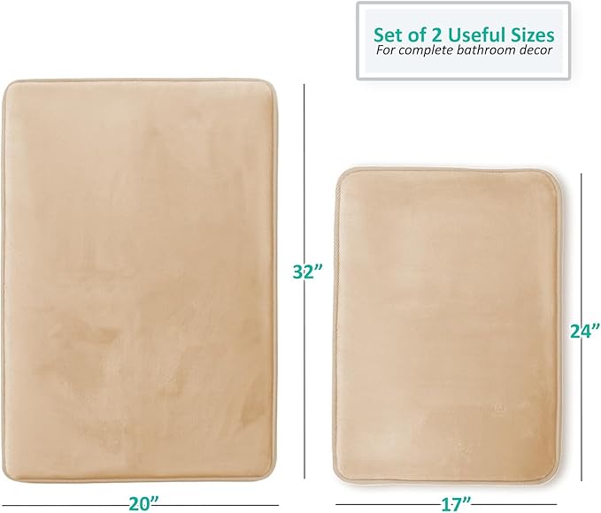 Clara Clark 2 Piece Bathroom Rugs Bath Mat Set, Velvet Memory Foam Bath Mats for Bathroom - Non-Slip, PVC Backing Bath Rugs, Washable - Dries Quickly, Cream